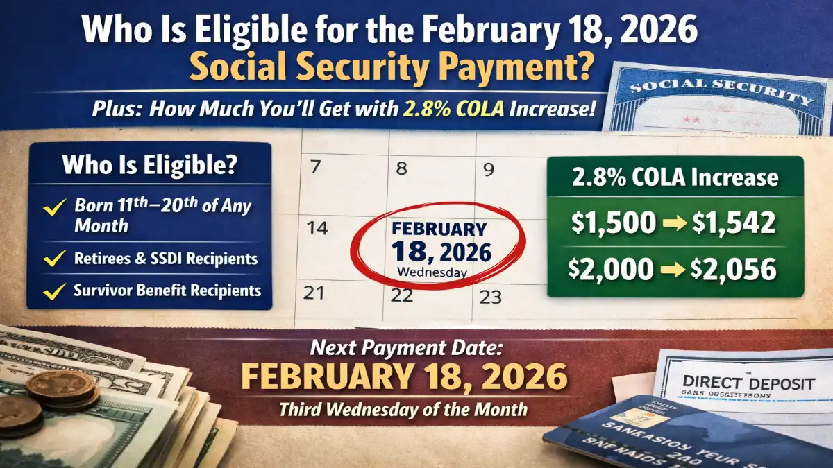 February 18 2026 Social Security payment, Social Security eligibility 2026, 2.8 percent COLA 2026, SSA payment schedule February 2026, Social Security increase 2026, Social Security benefits update, SSA direct deposit February 18, retirement benefits 2026, SSDI payment schedule 2026, SSI payment update 2026, Social Security COLA increase, SSA benefit amounts 2026, who qualifies for Social Security February payment, US Social Security news 2026, Social Security payment dates 2026